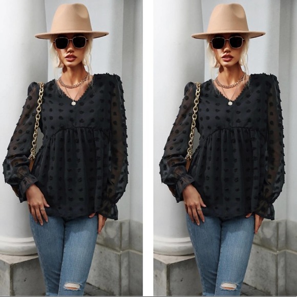 Tops - Black Swiss Dot Peplum Blouse